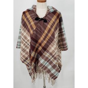 Style Collective Plaid Hooded Poncho Toggle Closure Fringe Brown Ivory Womens OS